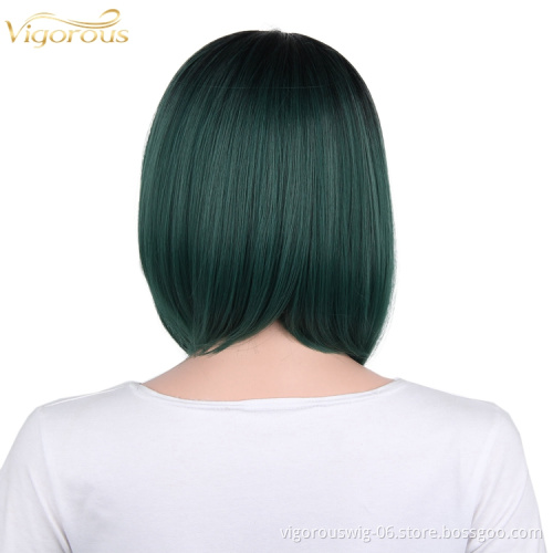 Heat resistant high quality wholesale premium vendor ombre blue short straight wavy hair synthetic wig lace front black women